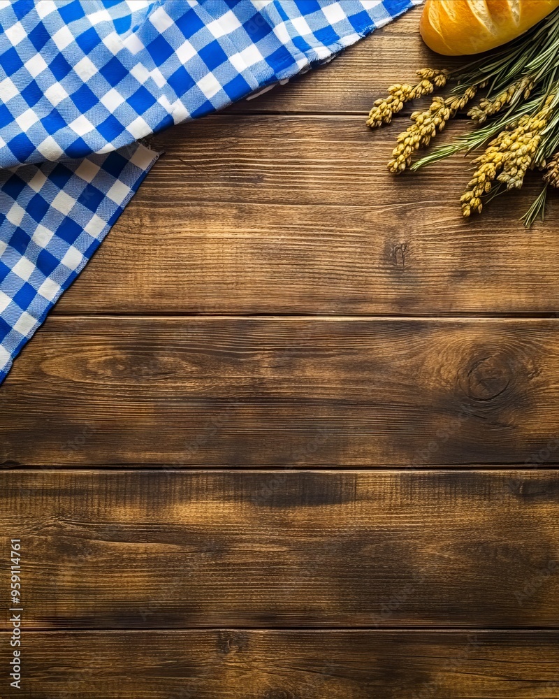 A blue and white checkered table cloth on a wooden table with a loaf of bread A blue and white checkered table cloth on a wooden table with a loaf of bread