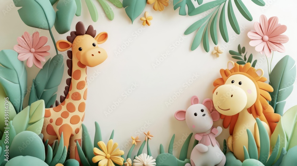 Fototapeta premium Cute jungle animals including a giraffe, a mouse, and a lion in a playful forest setting with lush greenery and flowers.
