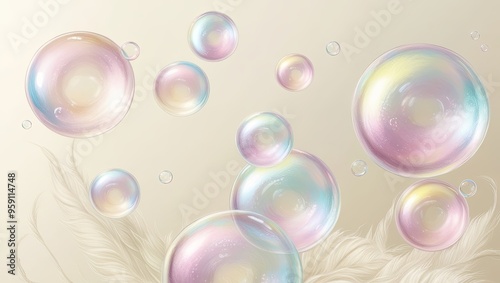 Atmospheric textured background with soap bubbles and feathers depicting lightness