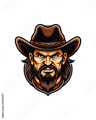 Editable stroke vector of a wanted poster with a cowboy in a hat and beard.