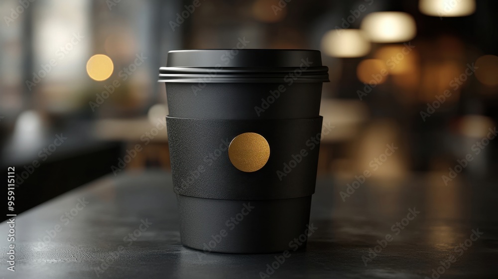 Stylish black coffee cup on a wooden table, showcasing modern design and cozy ambiance in a cafe setting. Stylish black coffee cup on a wooden table, showcasing modern design and cozy ambiance in a cafe setting.
