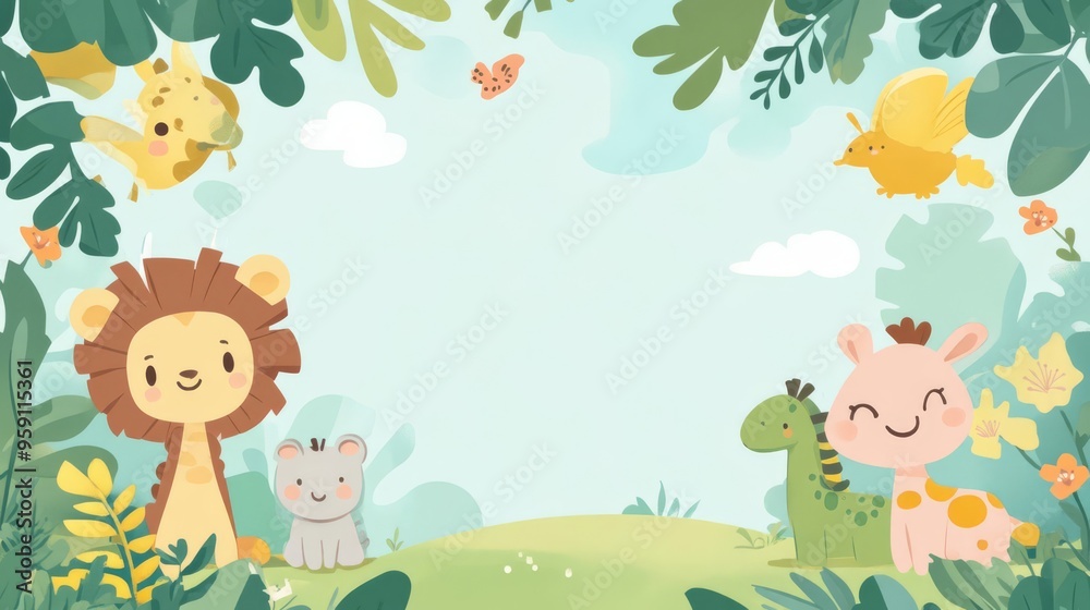 Cute cartoon jungle animals including a lion and giraffe in a vibrant, colorful setting. Great for children's content and designs. Cute cartoon jungle animals including a lion and giraffe in a vibrant, colorful setting. Great for children's content and designs.