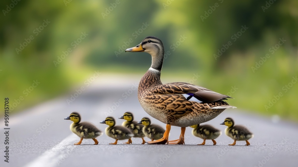 A mother duck and her babies crossing a road in the middle of it, AI A mother duck and her babies crossing a road in the middle of it, AI