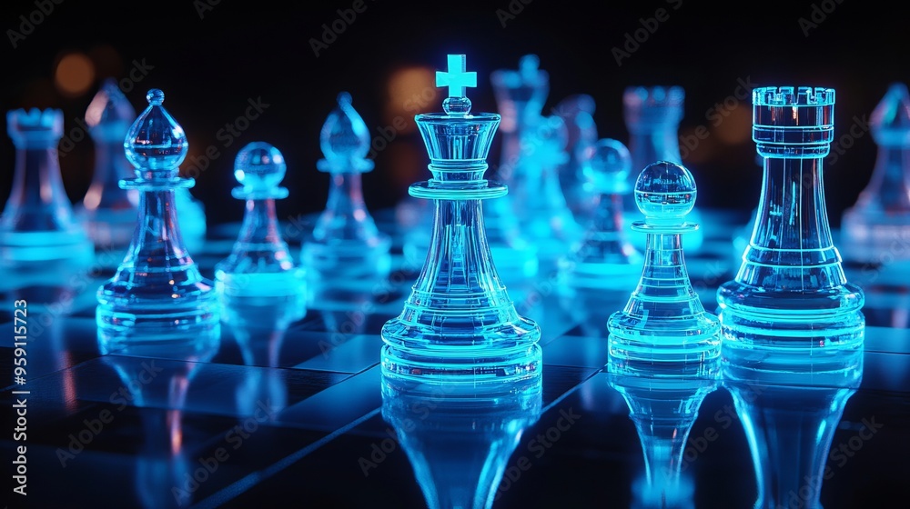 Chess pieces illuminated with bright, glowing futuristic blue neon lights against a black background. The 3D render illustrates chess game figurines, board games, and strategy games. Chess pieces illuminated with bright, glowing futuristic blue neon lights against a black background. The 3D render illustrates chess game figurines, board games, and strategy games.