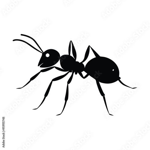 black vector silhouette of an ant walking, isolated on a white background