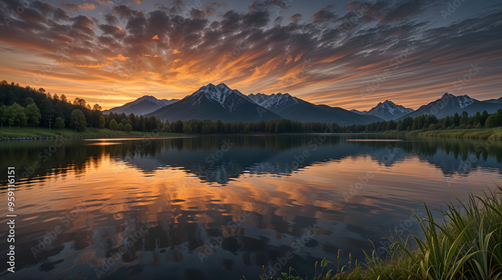 Fototapeta premium Stunning sunset illuminates mountain peaks and calm lake in a serene wilderness landscape
