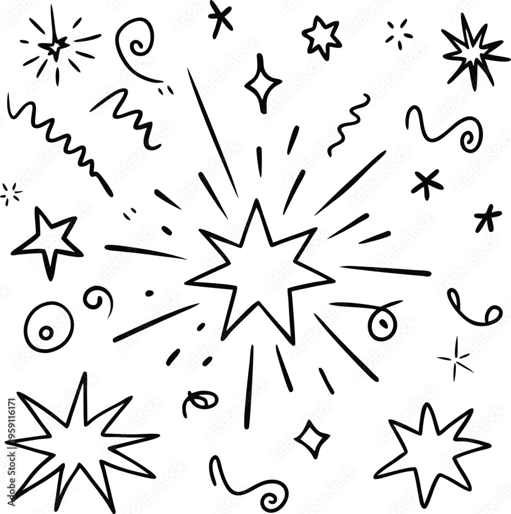 Handdrawn Doodle line sparkles and rays lines confetti vector illustration Handdrawn Doodle line sparkles and rays lines confetti vector illustration