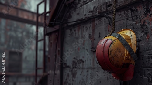 A construction worker's vest and hard hat hanging on a hook.