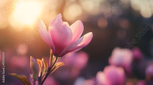 Pink magnolia flower blooming at sunset with soft bokeh background, copy space