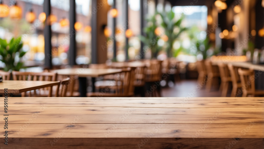 The empty wooden table top with blur background of restaurant. For product display The empty wooden table top with blur background of restaurant. For product display