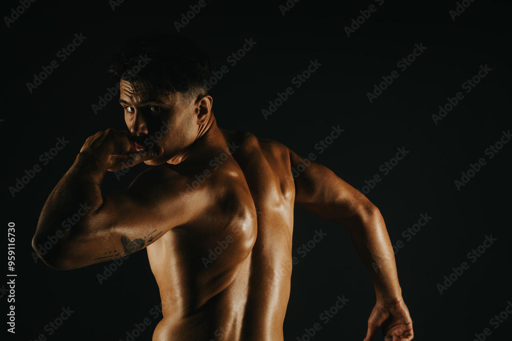 Muscular man posing in low light highlighting defined back muscles, strength, and fitness Muscular man posing in low light highlighting defined back muscles, strength, and fitness