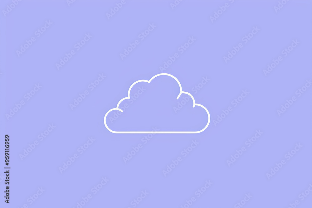A simple white line drawing on a periwinkle background of a cloud with rounded edges. The light color captures the serene and airy nature of the cloud. A simple white line drawing on a periwinkle background of a cloud with rounded edges. The light color captures the serene and airy nature of the cloud.