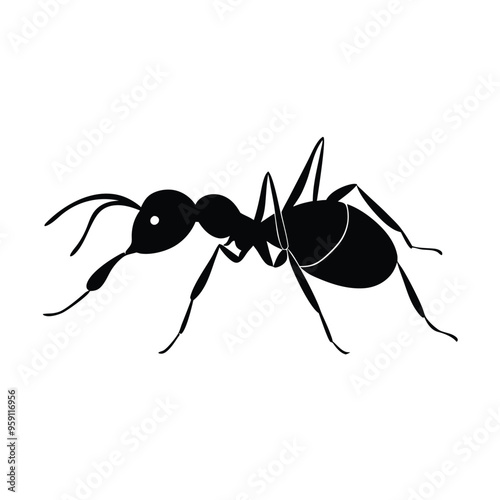 black vector silhouette of an ant walking, isolated on a white background