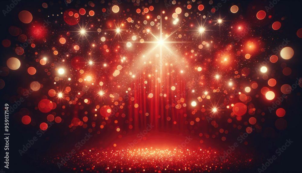 Red glowing light bokeh and star effects on dark red background. Abstract red christmas lights. Red glowing light bokeh and star effects on dark red background. Abstract red christmas lights.