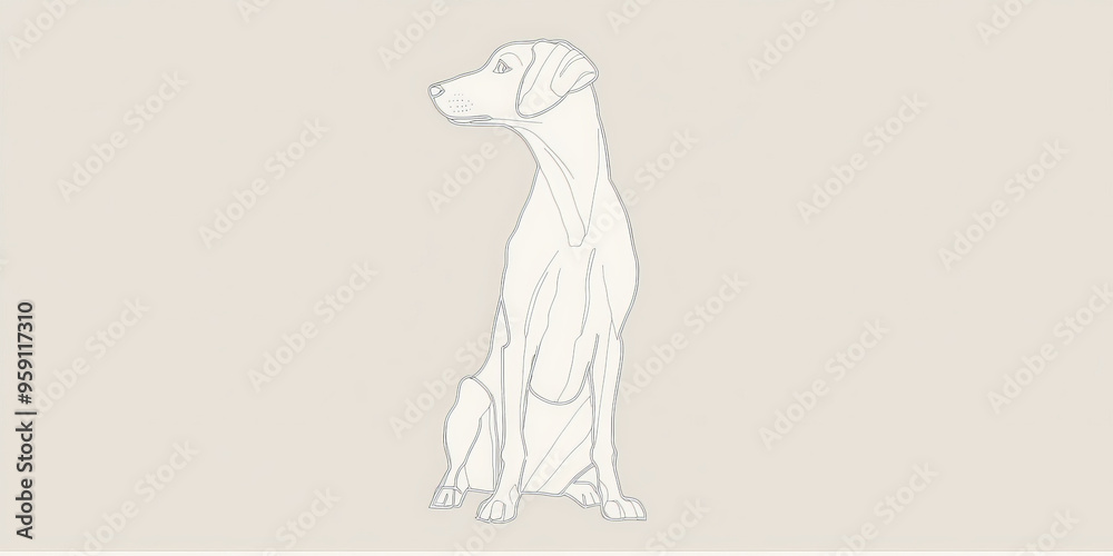 Fototapeta premium A simple white line drawing of a dog sitting attentively with its ears perked up. The clean lines and minimalist design capture the loyal and friendly nature of the dog.