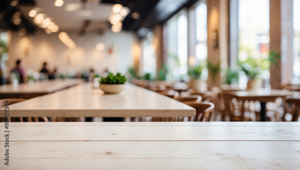 The empty white wooden table top with blur background of restaurant with many visitors. For product display The empty white wooden table top with blur background of restaurant with many visitors. For product display