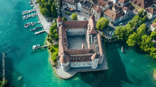 aerial top view of the Annecy Palace de Isle, a historical landmark building and museum in France captured by a drone photo