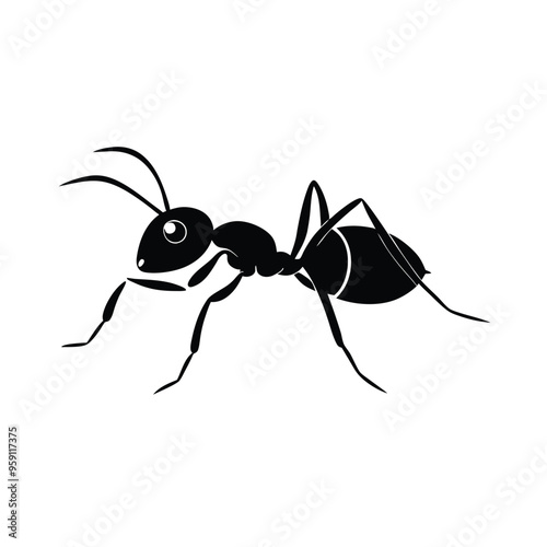 black vector silhouette of an ant walking, isolated on a white background