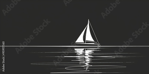 A simple white line drawing on a black background of a boat sailing on calm waters. The minimalist design creates a peaceful and serene scene. photo