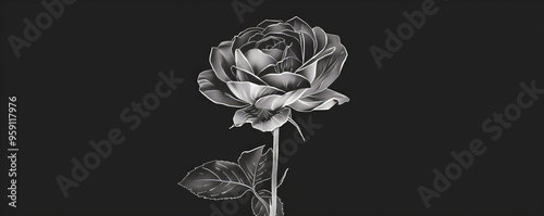 A simple white line drawing on a black background of a single rose with intricate petals. The stark contrast enhances the gracefulness of the flower.