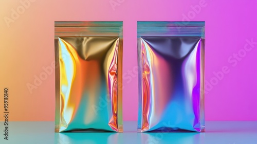 Vibrant foil packaging bags on a colorful gradient background, ideal for showcasing modern product designs and branding. photo