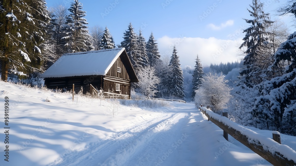 Snowy Winter Landscape with Wooden Cabin and Snow-Covered Pine Trees on Sunny Day, Copy Space Snowy Winter Landscape with Wooden Cabin and Snow-Covered Pine Trees on Sunny Day, Copy Space