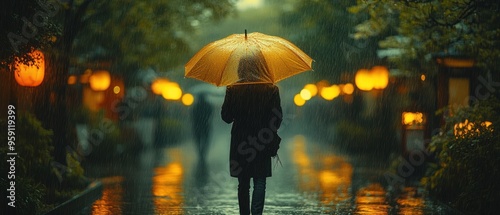 Wallpaper Mural A Silhouette Under a Yellow Umbrella in the Rain Torontodigital.ca