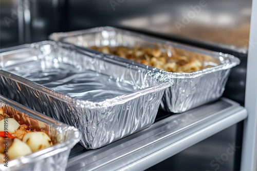 Disposable aluminum food container trays storing leftovers in a fridge, covered with lids or foil to keep the food fresh. The scene emphasizes organized and efficient food storage, ensuring freshness 