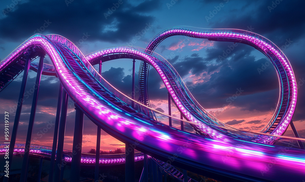 Obraz premium A roller coaster with neon lights at sunset, the track meanders and curls in different directions