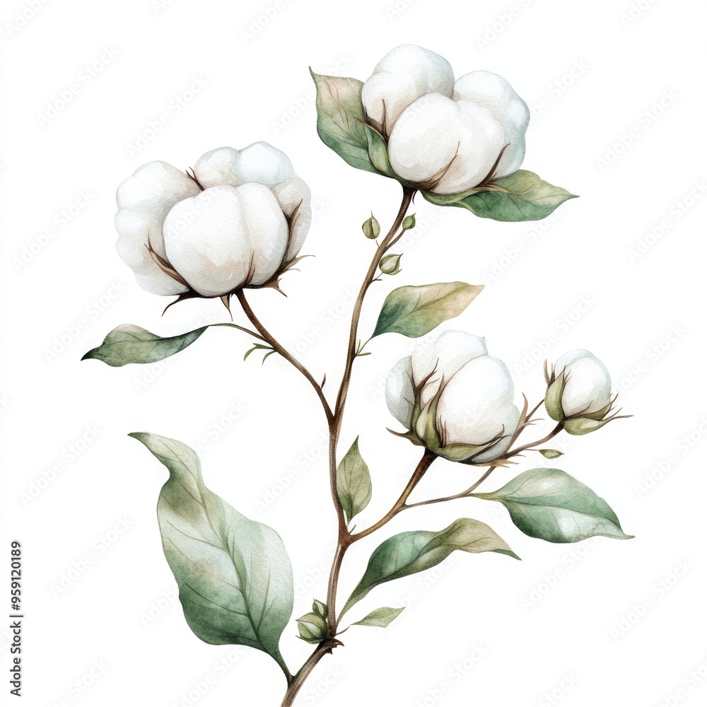 Obraz premium Sketch Of Cotton Plant. White and Green Floral Decoration on Meadow Background