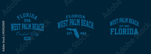 Set t-shirt stamps graphic, Florida logo travel wear typography emblem West Palm Beach vintage tee print, sport apparel design shirt graphic print