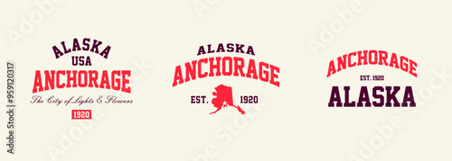 Set t-shirt stamps graphic, Alaska logo travel wear typography emblem Anchorage vintage tee print, sport apparel design shirt graphic print