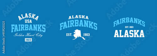 Set t-shirt stamps graphic, Alaska logo travel wear typography emblem Fairbanks vintage tee print, sport apparel design shirt graphic print