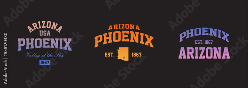 Set t-shirt stamps graphic, Arizona logo travel wear typography emblem Phoenix vintage tee print, sport apparel design shirt graphic print