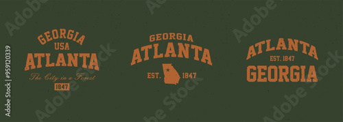 Set t-shirt stamps graphic, Georgia logo travel wear typography emblem Atlanta vintage tee print, sport apparel design shirt graphic print