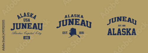 Set t-shirt stamps graphic, Alaska logo travel wear typography emblem Juneau vintage tee print, sport apparel design shirt graphic print