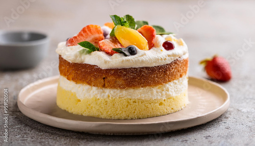 Tres leches cake, sponge cake with whipped cream and fresh fruit. Sweet food. Tasty dessert.