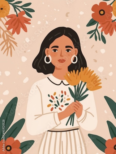 Beautiful girl with a bouquet of flowers. Flat style illustration. Spring festival. International Women's Day. Cute greeting card.