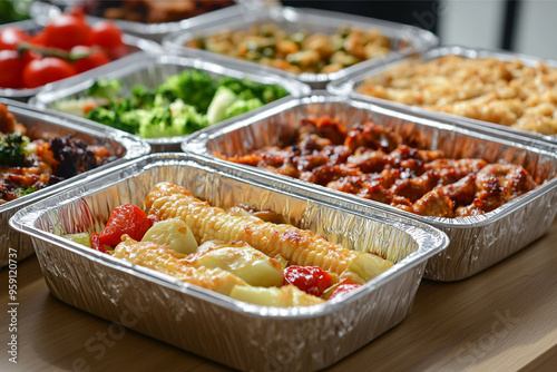 Disposable aluminum food container trays storing leftovers in a fridge, covered with lids or foil to keep the food fresh. The scene emphasizes organized and efficient food storage, ensuring freshness 