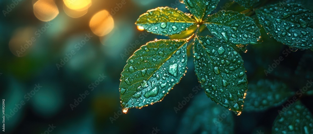 Dewdrops on a Green Leaf in Sunlight Dewdrops on a Green Leaf in Sunlight