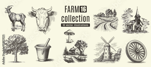 Rural meadow or countryside farm set. A village landscape with cows, goats and lamb, hills and a farm.