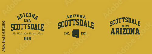 Set t-shirt stamps graphic, Arizona logo travel wear typography emblem Scottsdale vintage tee print, sport apparel design shirt graphic print