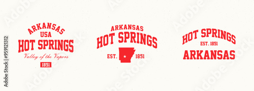 Set t-shirt stamps graphic, Arkansas logo travel wear typography emblem Hot Springs vintage tee print, sport apparel design shirt graphic print