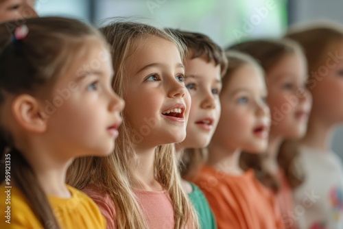 Children Music Lessons. Singing in Choir: Kids Learning Music in School Club