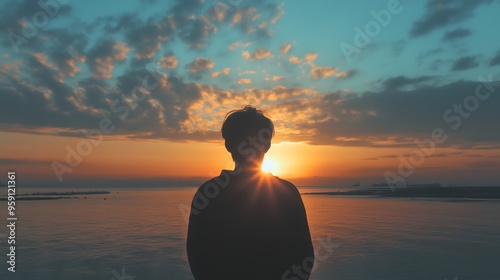 Fototapeta Naklejka Na Ścianę i Meble -  Silhouette of man watching sunset over calm ocean horizon, copy space