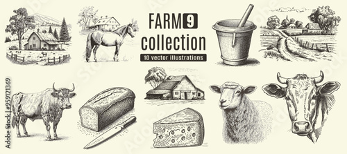 Rural meadow or countryside farm set. A village landscape with cows, goats and lamb, hills and a farm.