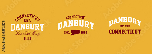 Set t-shirt stamps graphic, Connecticut logo travel wear typography emblem Danbury vintage tee print, sport apparel design shirt graphic print photo