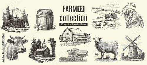 Farm animals, cows, rural houses. Hand drawn set.