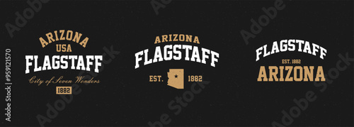 Set t-shirt stamps graphic, Arizona logo travel wear typography emblem Flagstaff vintage tee print, sport apparel design shirt graphic print