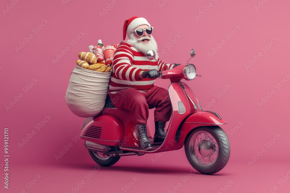 jolly santa claus in a full x-mas costume, driving a moped with a big bag of food, striped shirt and cap, and trendy eyewear, isolated on a vibrant violet background jolly santa claus in a full x-mas costume, driving a moped with a big bag of food, striped shirt and cap, and trendy eyewear, isolated on a vibrant violet background